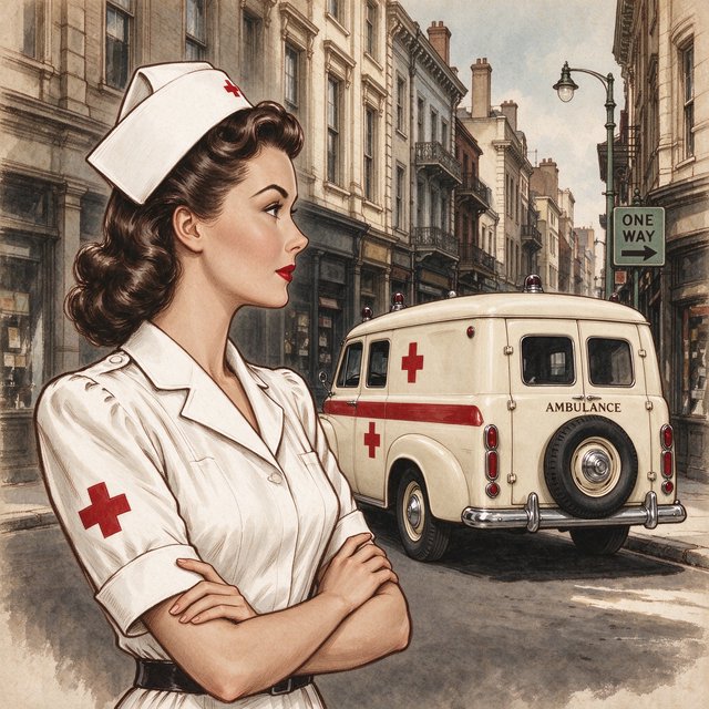 A digital illustration depicts an attractive vintage-style nurse with fair skin and dark, curly hair styled in waves reminiscent of past decades. She wears red lipstick, a white nurse's cap, a uniform, and a cross emblem on her sleeve. A classic European street scene featuring an ambulance and old buildings forms the background. — Seedream 5.0 Flash