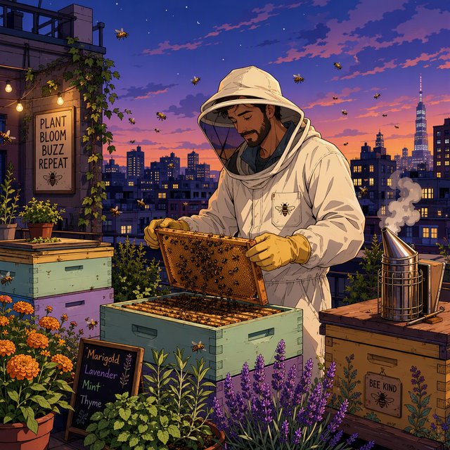 Cel-shaded anime illustration of an adult rooftop beekeeper tending lively hives among marigolds and herbs at dusk, with bees drifting past distant windows. Palette of saffron, violet, mint, and midnight blue, crisp contours and gentle gradients. — GPT Image 2
