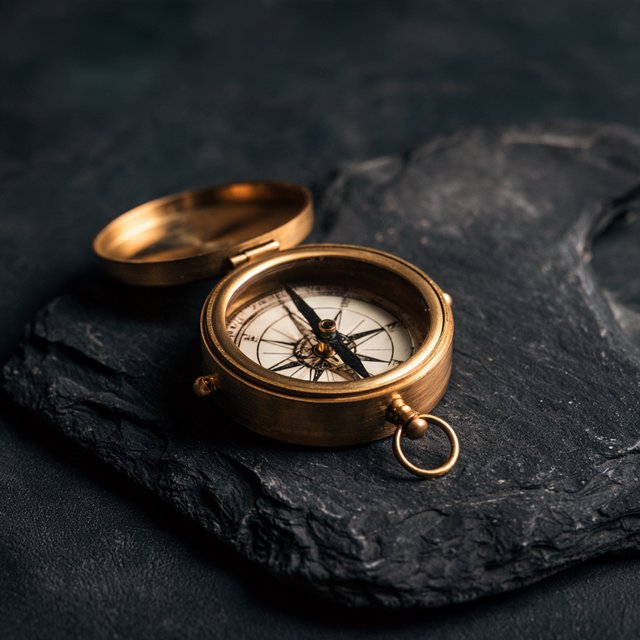 A compact brass pocket compass rests on black slate, its satin-metal casing and clear glass cover catching a broad diffused key and narrow warm rim light against a deep charcoal background; an unbranded commercial product image, blank face without lettering. — Midjourney V8.2