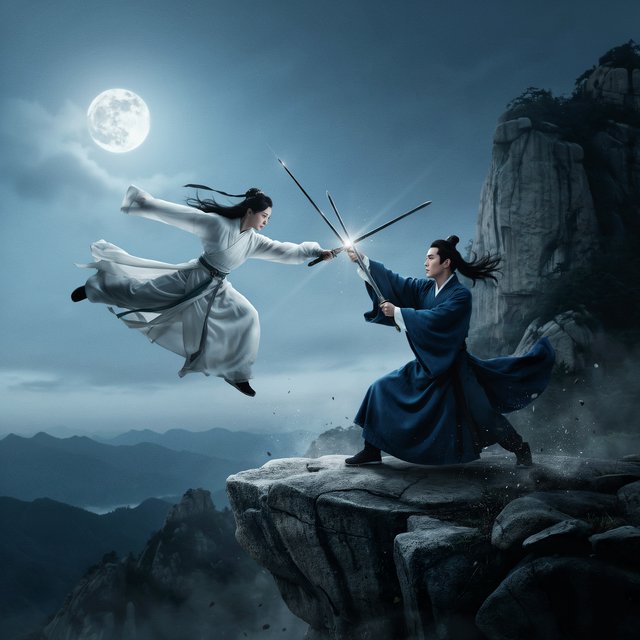 Frontal cinematic shot of two adult martial artists dueling on a cliff at night in ancient China: a female swordswoman in flowing white hanfu is airborne in a dynamic combat pose, thrusting her sword forward, while a male swordsman in traditional Taoist robes firmly parries her attack with his own blade. Moonlit night, wind sweeping their garments and hair, dramatic cliffside setting, tense face-off, elegant wuxia atmosphere, vivid motion, visually striking. — Ideogram v4