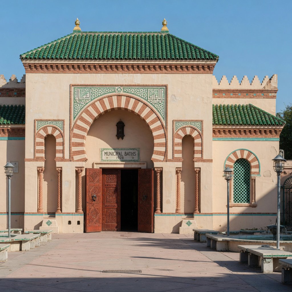 Exterior of a Moorish Revival municipal bathhouse, pale buff stucco, striped brick arches, green glazed tile roof and carved cedar doors; clear morning light, viewed across a paved courtyard, with coherent structure and crisp lines. — Grok Imagine Image Quality