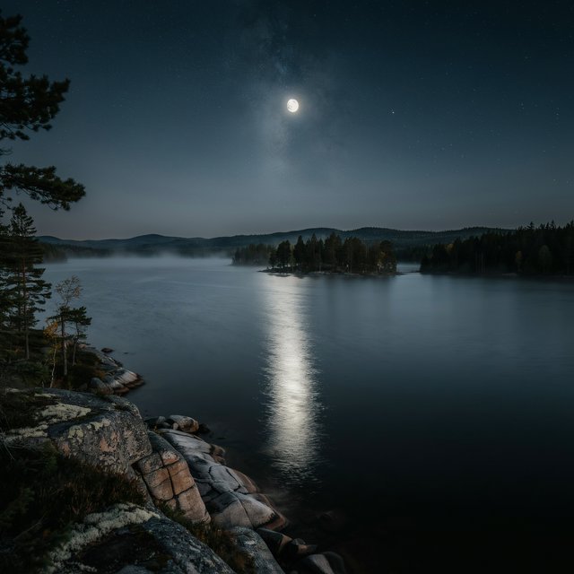 An expansive boreal lake beneath a clear, cold midnight sky, pale moonlight catching thin mist above dark water; spruce-covered islands recede toward distant ridges, while lichen and cracked granite sharpen the near shoreline. — Ideogram v4