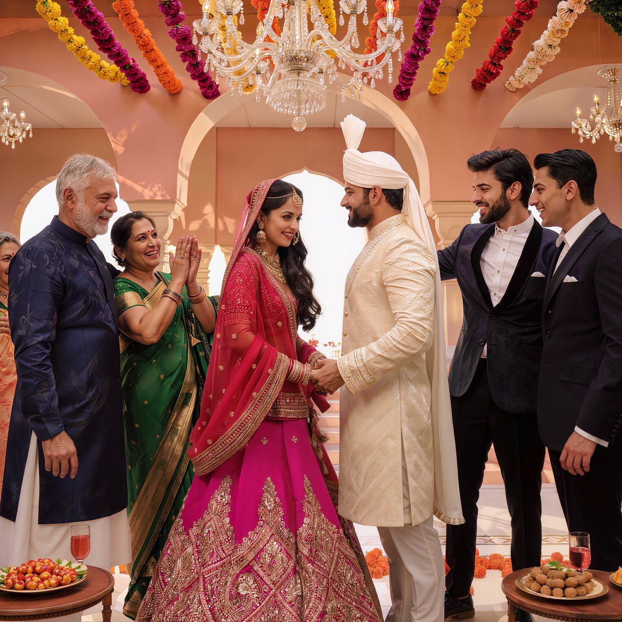 A realistic scene of an Indian wedding showing the emotions of the adult bride and her adult family members — Kling v3