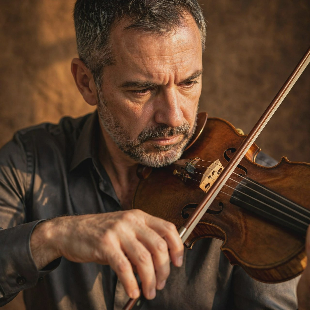 With a violin tucked close, an adult man in his early 50s draws a bow, his hands prominent, wearing a charcoal silk shirt; his intent expression is framed against a warm umber backdrop in soft amber window light, in a close portrait photograph. — Muse Image 1.0