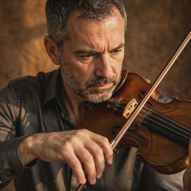 With a violin tucked close, an adult man in his early 50s draws a bow, his hands prominent, wearing a charcoal silk shirt; his intent expression is framed against a warm umber backdrop in soft amber window light, in a close portrait photograph. — Muse Image 1.0