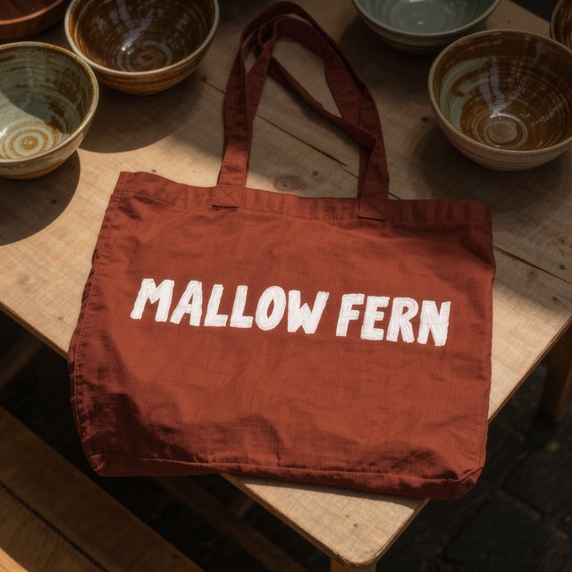 Sunlight pools over a pottery market table, where a rust-red canvas tote rests beside glazed bowls; "MALLOW FERN" is hand-painted in chunky white letters on its front, with no other legible writing. — Model 10