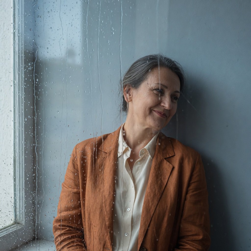 By a rain-streaked studio window, an adult woman in her early 60s turns in profile for a portrait photograph, wearing a copper-colored linen jacket over a cream cotton blouse. Her quietly amused expression rests against a muted blue-gray wall, shaped by cool, soft window light. — Grok Imagine Image Quality