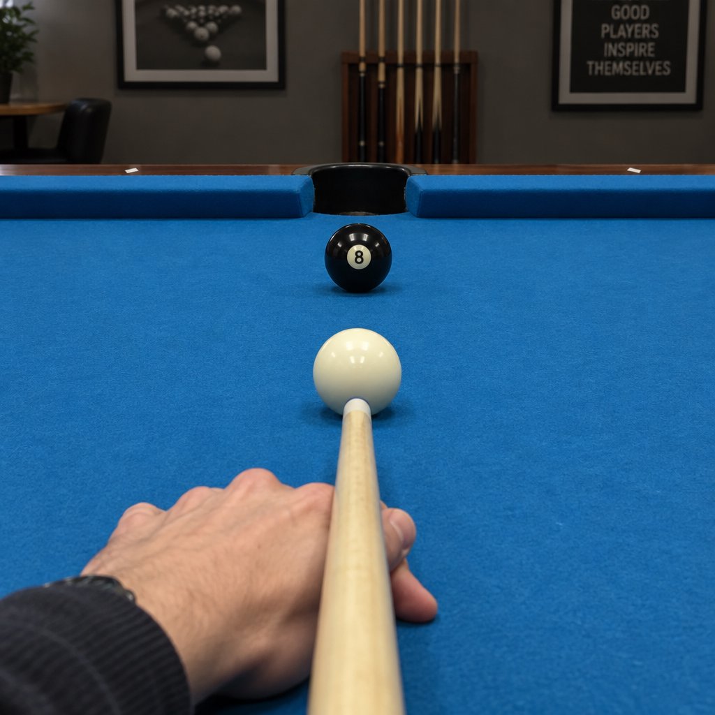 First-person perspective of an adult pool player’s left hand holding the cue, aiming the white cue ball at the black 8-ball and intending to pocket it in the center pocket. — GPT Image 2.5 Flare