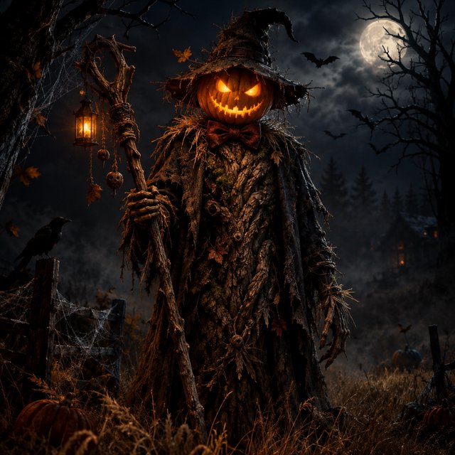 Chiaroscuro contrast, inner-lit glows, dense central detail fading into haze and velvety darkness. A pumpkin-headed scarecrow with a jack-o-lantern face, glowing eyes, stitched grin, bow tie, bark torso, and wooden staff stands in a night forest clearing with dry grass, cobwebs, bats, bare branches, — Model 2