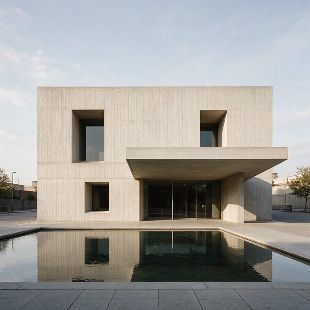 Exterior of a compact brutalist art museum, pale board-formed concrete, deep rectangular window recesses, a broad cantilevered entrance canopy, low reflecting pool, overcast afternoon light, viewed from a quiet plaza at eye level, crisp orthogonal architectural photography. — Seedream 5.0 Pro