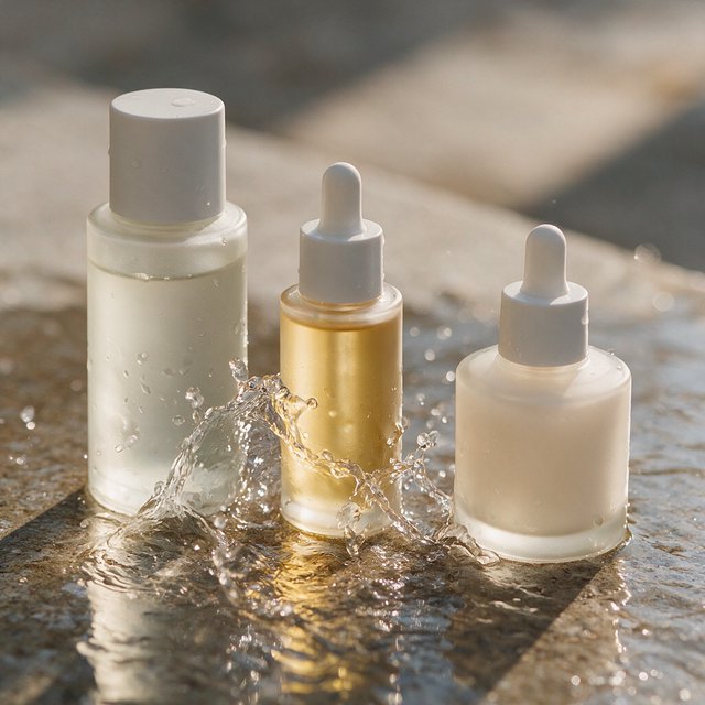 Three frosted glass skincare bottles on a wet stone surface with a splash of water, morning light, shallow depth of field. — Seedream 5.0 Pro