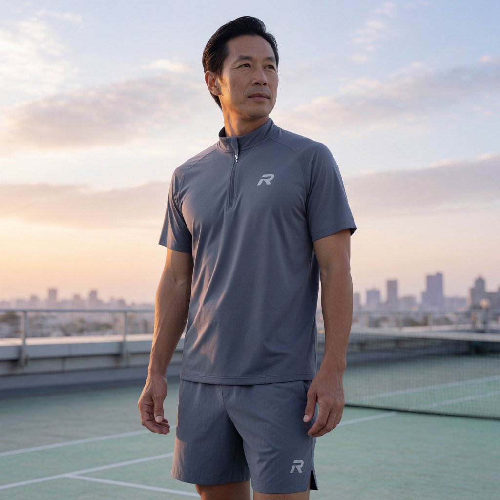 Editorial glamour photograph of an adult man in a slate-gray fitness set, pausing naturally beside a rooftop tennis court at sunrise, soft flattering light catching his focused expression and the city skyline beyond. — Krea 2 Medium
