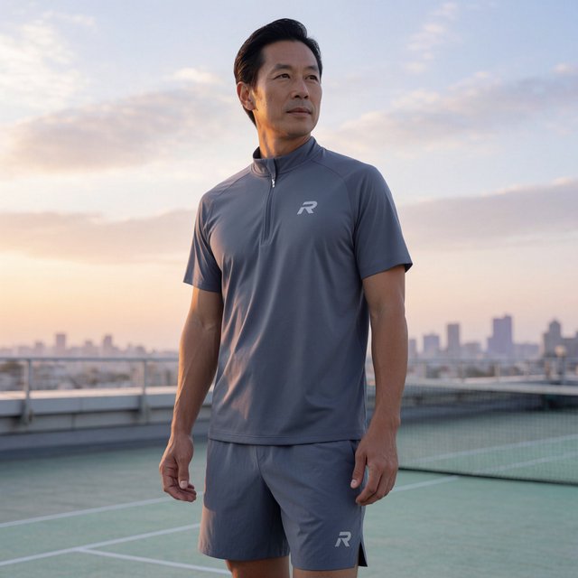 Editorial glamour photograph of an adult man in a slate-gray fitness set, pausing naturally beside a rooftop tennis court at sunrise, soft flattering light catching his focused expression and the city skyline beyond. — Krea 2 Medium