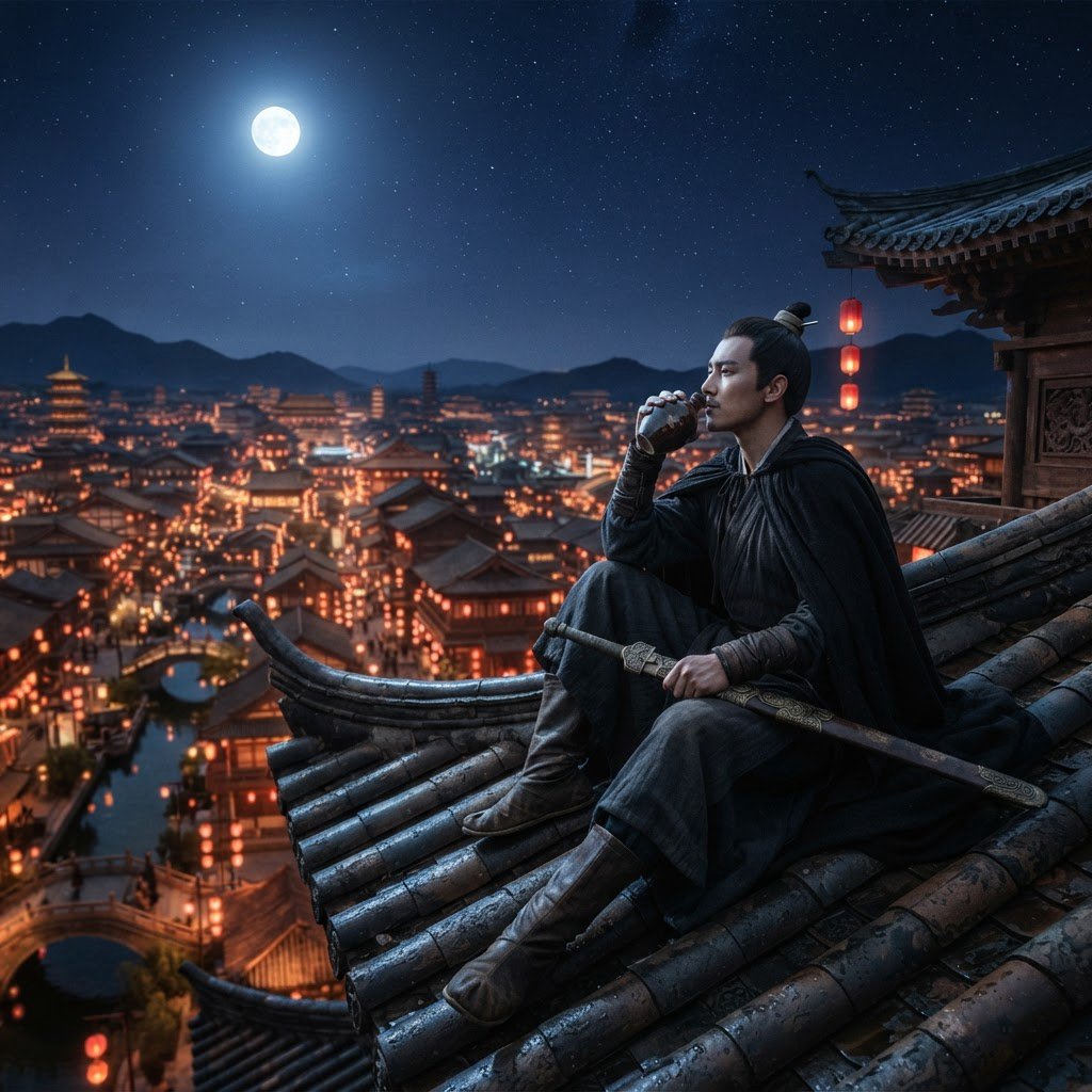 A lone Chinese swordsman sits on a tiled rooftop in ancient China at night, gazing over a lantern-lit city while drinking from a ceramic wine flask, moonlight bathing the quiet scene. — Nano Banana 2 Lite