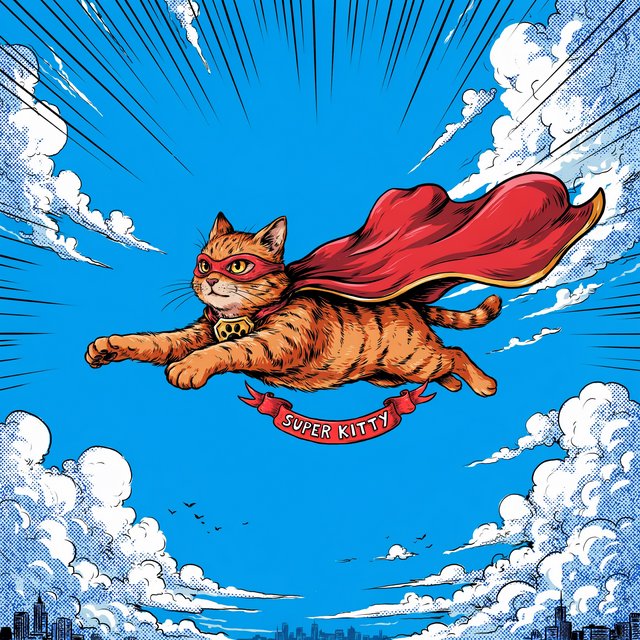 A cat flying in the sky wearing a super kitty costume. — Ideogram v4