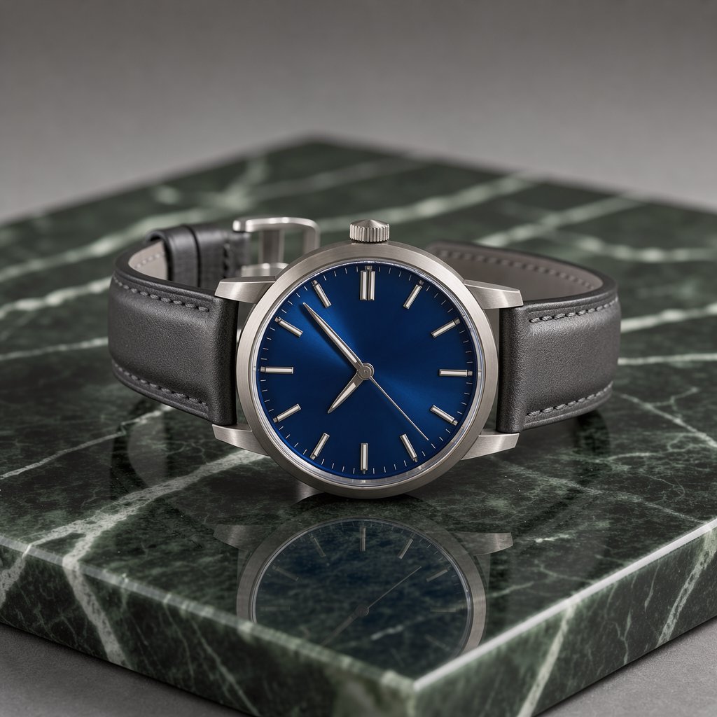 Commercial product photograph of an unbranded mechanical wristwatch with a brushed titanium case and deep blue enamel dial, resting on dark green marble against a soft gray background, illuminated by a large diffused softbox and narrow edge light. — FLUX 3 Image