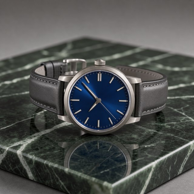 Commercial product photograph of an unbranded mechanical wristwatch with a brushed titanium case and deep blue enamel dial, resting on dark green marble against a soft gray background, illuminated by a large diffused softbox and narrow edge light. — FLUX 3 Image