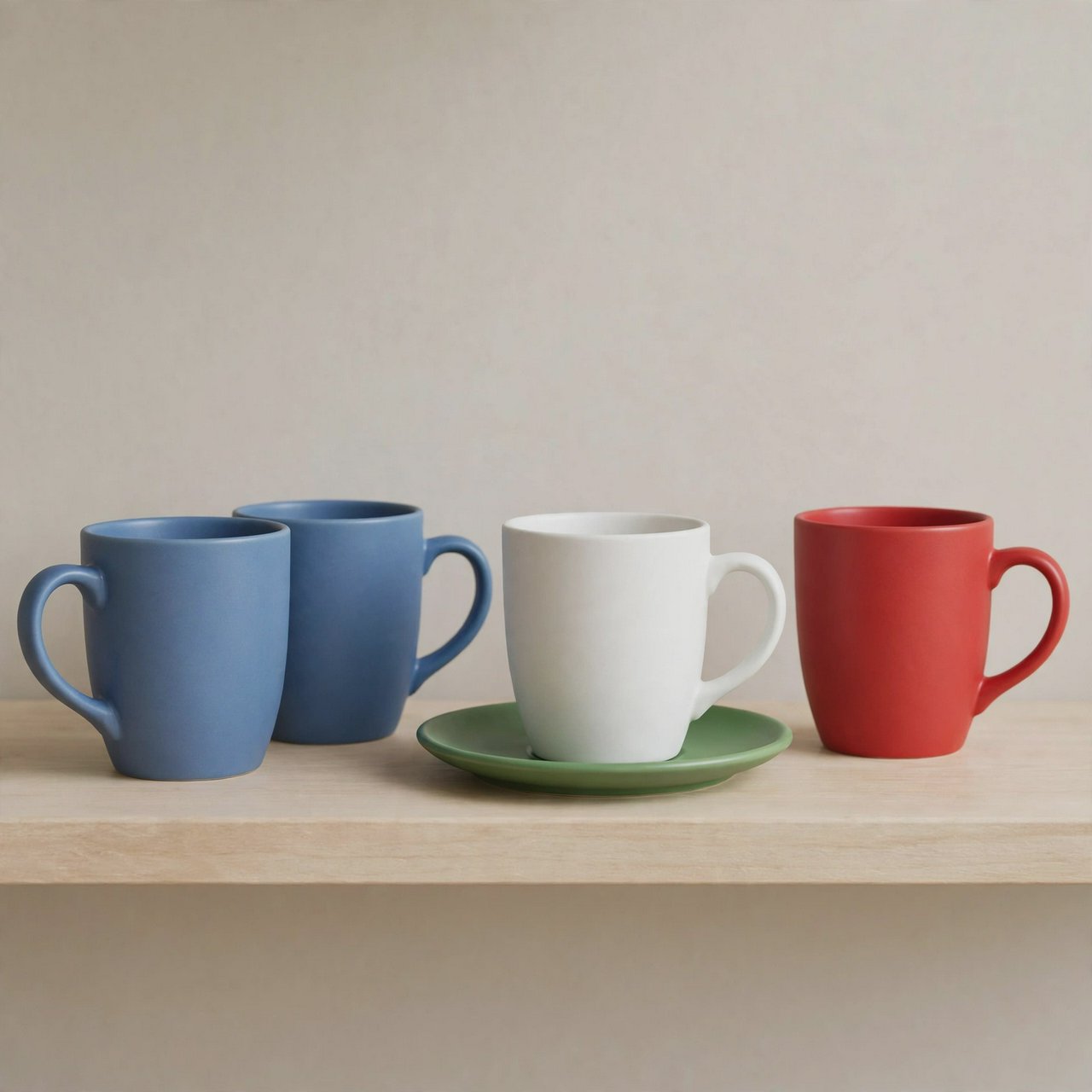 Exactly four ceramic mugs sit on a pale wooden shelf: two blue mugs on the left, one white mug in the center, and one red mug on the right. A green saucer is beneath the center mug, nothing else. — Muse Image 1.0