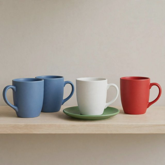 Exactly four ceramic mugs sit on a pale wooden shelf: two blue mugs on the left, one white mug in the center, and one red mug on the right. A green saucer is beneath the center mug, nothing else. — Muse Image 1.0