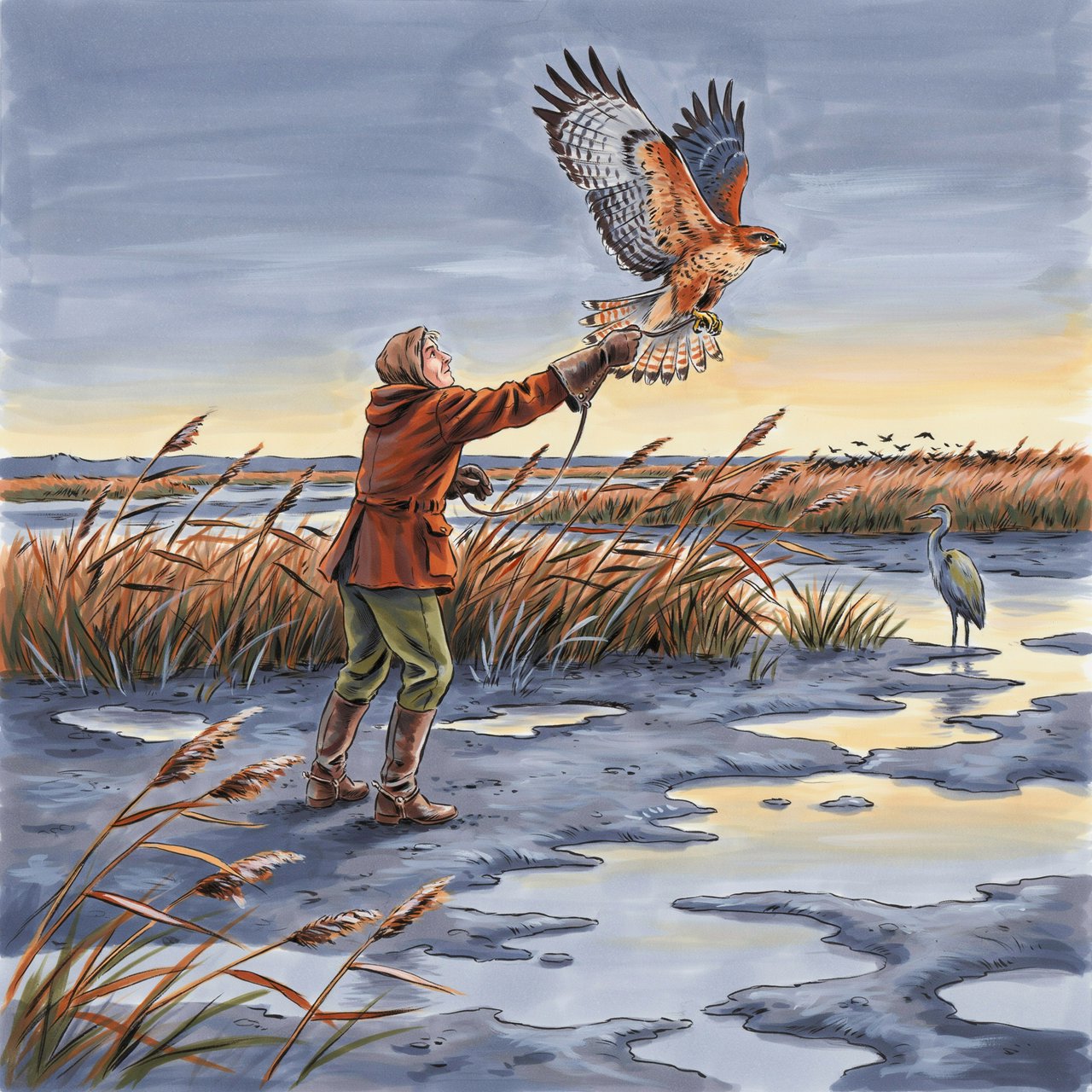 Ink-and-gouache illustration of an adult falconer releasing a hawk above a salt marsh, reeds bending in the wind and tidal pools catching sunset. Palette of rust, moss green, pale gold, and slate blue, with lively brushwork. — Ideogram v4