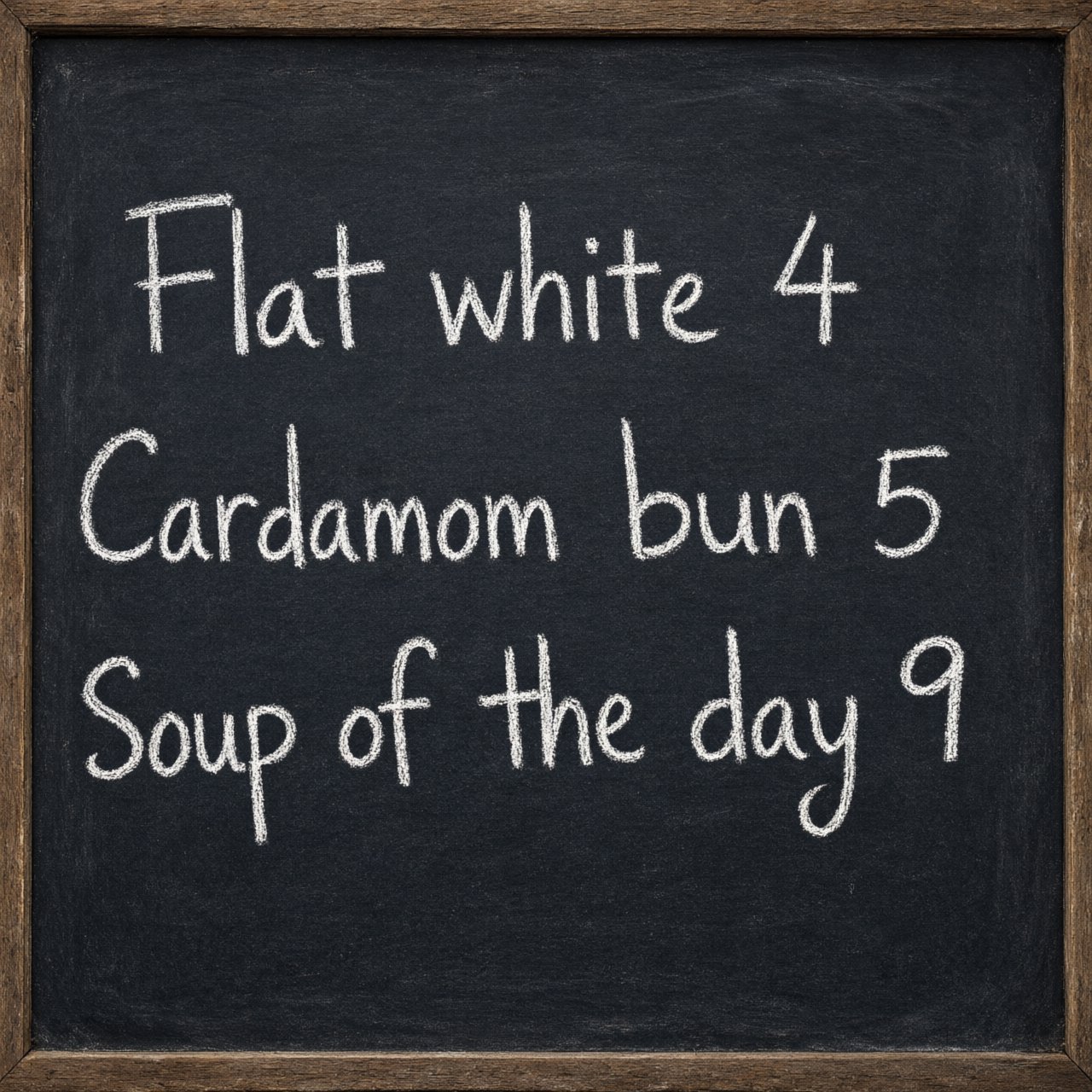 A café chalkboard listing exactly three items: "Flat white 4", "Cardamom bun 5", "Soup of the day 9", in neat chalk handwriting. — Qwen Image 3.0 Pro