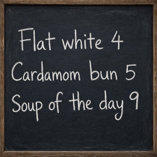 A café chalkboard listing exactly three items: "Flat white 4", "Cardamom bun 5", "Soup of the day 9", in neat chalk handwriting. — Qwen Image 3.0 Pro