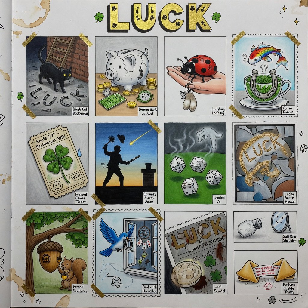 Many panels. Each panel represents an item, thing, creature, or scene that represents Luck. The word "Luck" appears at least once in the image. Be as creative as possible. — Grok Imagine Image Quality