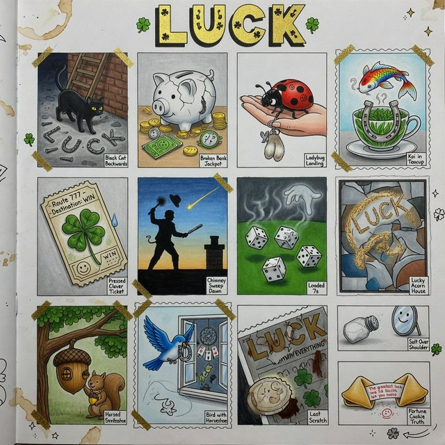 Many panels. Each panel represents an item, thing, creature, or scene that represents Luck. The word "Luck" appears at least once in the image. Be as creative as possible. — Grok Imagine Image Quality