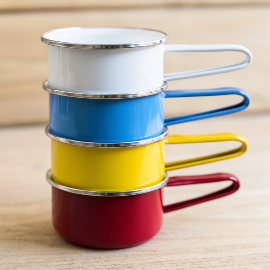 Exactly four enamel camping cups form a vertical tower on a pale wooden shelf, bottom to top: red, yellow, blue, white; all handles face right. Soft morning light, nothing else. — Krea 2 Large