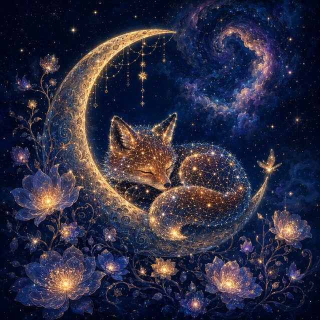 A miniature, intricately detailed fox crafted from living constellations, curled asleep atop a crescent moon. Surrounding it are delicate, bioluminescent flowers that pulse with gentle light, casting intricate shadows. The background is a deep indigo sky filled with swirling nebulae and distant, twinkling stars. The overall aesthetic is dreamlike and whimsical, with a painterly finish and a touch of cosmic wonder. — GPT Image 2