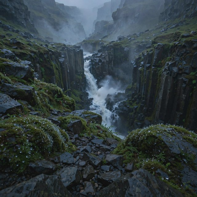 After a passing squall, a waterfall drops through a narrow basalt gorge at dusk, its white plume breaking against dark ledges; rain-beaded moss and sharp foreground stones lead toward cliffs fading behind drifting spray. — Muse Image 1.0