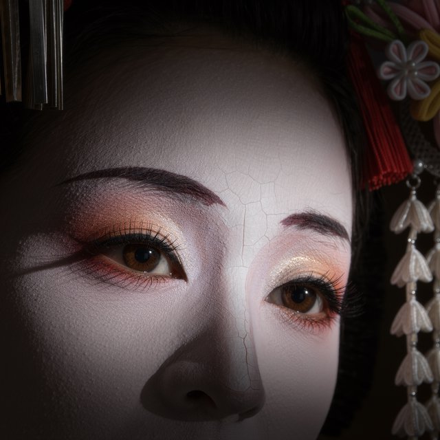Extreme close-up macro photography of a Geisha's face. The focus is on her eyes, revealing intense emotion and hyper-realistic detail. Her skin is covered in traditional white 'Oshiroi' makeup, showing subtle, realistic cracking and skin texture. Dramatic Chiaroscuro lighting with deep shadows and a single soft light source highlighting the shimmer in her golden eyeshadow and the wetness of her eyes. Ornate kanzashi (hair ornaments) visible in the blurred periphery with intricate silk flowers and dangling silver petals. Cinematic composition, shot on 100mm macro lens, incredibly detailed eyelashes and iris patterns. — Model 10