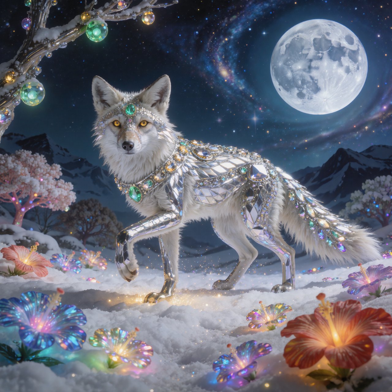 A fantasy still photography image of a majestic silver and gold fox, its fur coat features a breathtaking fiber-optic rainbow-glitter that shimmers with dense prismatic sparkles shifting vibrantly under the ethereal moonlight, the fox features deep silver undertones across its thick coat and is perched proudly in a front-facing posture, its fur is intricately adorned with embedded polished peridot and shimmering onyx that catch the glowing light, it is walking in an enchanted snow filled landscape filled with multicolored bioluminescent hibiscus flowers blooming in radiant neon shades and blooming pink bioluminescent trees with glowing green blossoms, the background features a dramatic full moon and a vibrant multicolored starry sky filled with multicolored swirling galaxy, a soft ethereal glow illuminates the fox's commanding silhouette, razor-sharp focus on its piercing golden eyes, magical realism style, fantasy art. — Kling v3 Omni