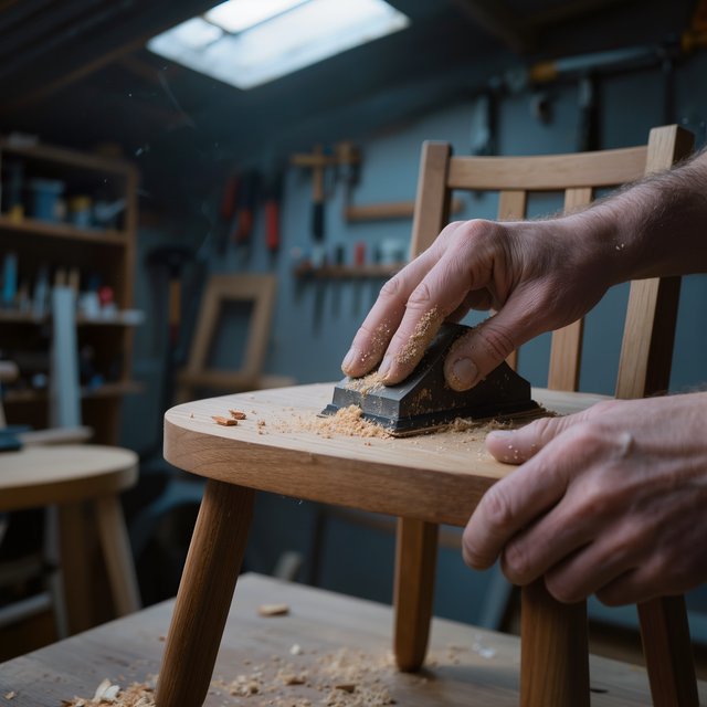 Fine curls gather beneath adult hands sanding the edge of a wooden chair in a quiet repair shed. A real-world workshop snapshot in cool skylight, using a normal lens at shallow depth of field, catches pale sawdust clinging to the knuckles. — Kling v3