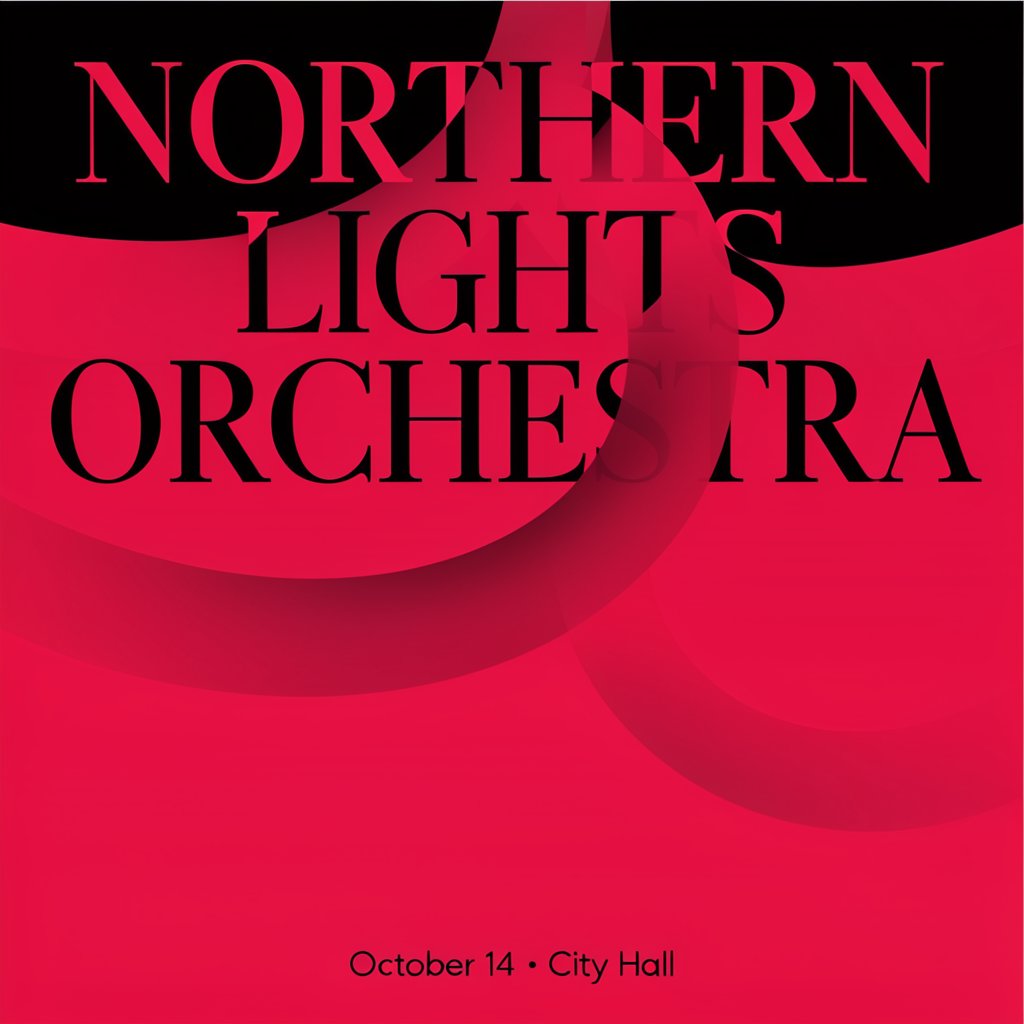A minimalist concert poster with the words "NORTHERN LIGHTS ORCHESTRA" large at the top and "October 14 · City Hall" small at the bottom, two-colour print. — Krea 2 Large