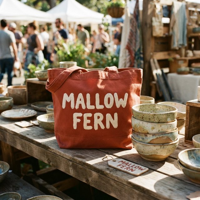 Sunlight pools over a pottery market table, where a rust-red canvas tote rests beside glazed bowls; "MALLOW FERN" is hand-painted in chunky white letters on its front, with no other legible writing. — Model 16