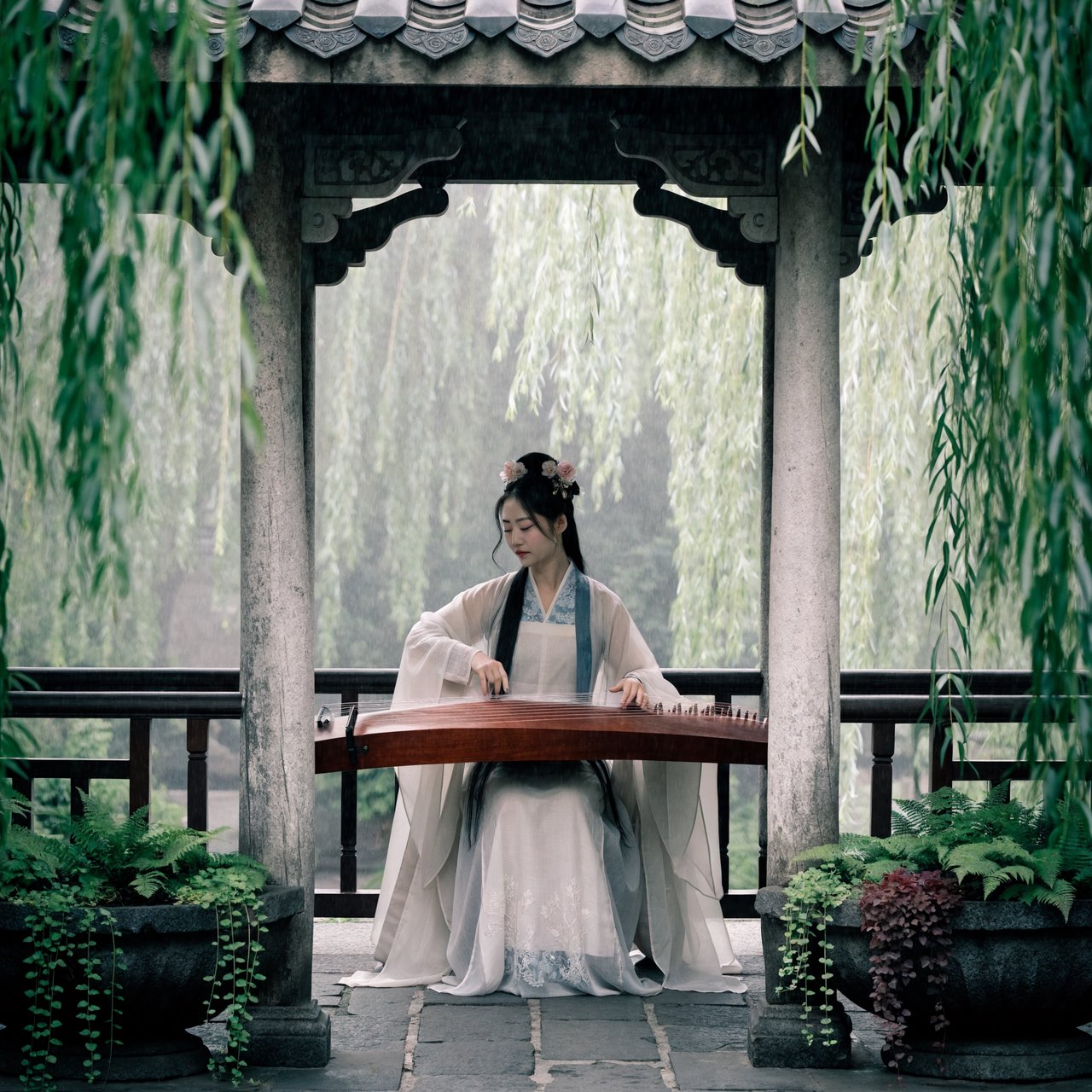 An elegant ancient Chinese lady in hanfu plays the guzheng in a quiet garden pavilion, surrounded by willow trees and mist, creating a poetic atmosphere. — Recraft v4 Pro