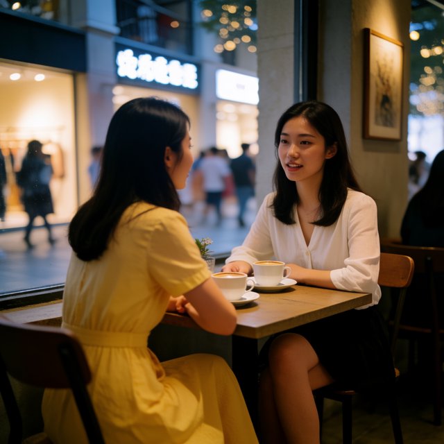 A cozy nighttime café scene featuring two young adult Chinese women seated at a table by a window. One wears a yellow dress, and the other, seated opposite her, wears a white blouse and black skirt. They are chatting warmly with each other, with two cups of coffee on the table. Outside the window, a lively shopping street glows with evening lights, creating a relaxed, intimate, and cinematic atmosphere. — Krea 2 Medium