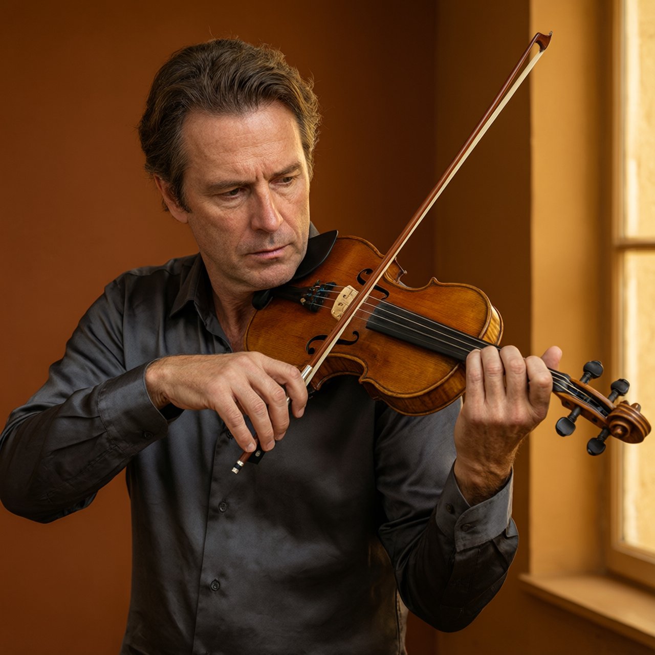 With a violin tucked close, an adult man in his early 50s draws a bow, his hands prominent, wearing a charcoal silk shirt; his intent expression is framed against a warm umber backdrop in soft amber window light, in a close portrait photograph. — Qwen Image 3.0 Pro