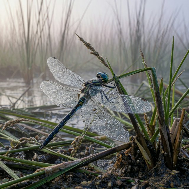 On a peaty marsh edge, a dragonfly rests among sedges after a light morning shower; dew beads on its veined wings and granular mud, while reed stems soften into pale fog behind it. — Grok Imagine Image Quality