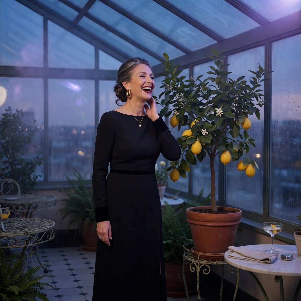 At a quiet rooftop conservatory, an adult woman in her early sixties wears a long-sleeved black evening gown, caught laughing softly beside a citrus tree as blue-hour light spills through the glass; poised styling brings fashion-magazine polish. — Grok Imagine Image Quality
