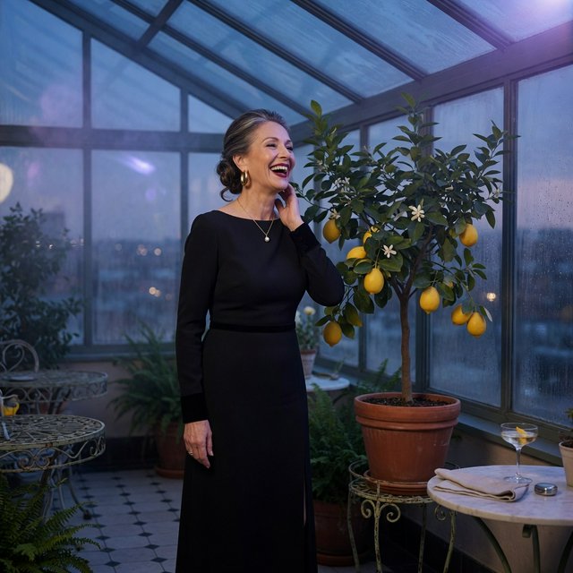 At a quiet rooftop conservatory, an adult woman in her early sixties wears a long-sleeved black evening gown, caught laughing softly beside a citrus tree as blue-hour light spills through the glass; poised styling brings fashion-magazine polish. — Model 6