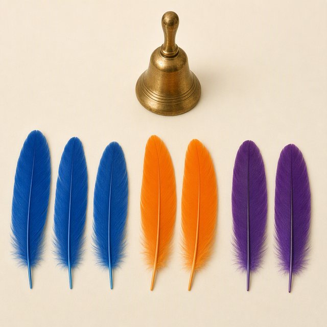 Exactly seven feathers lie on a cream tabletop: three blue on the left, two orange in the center, and two purple on the right. A brass bell sits above the orange pair, nothing else. — GPT Image 2