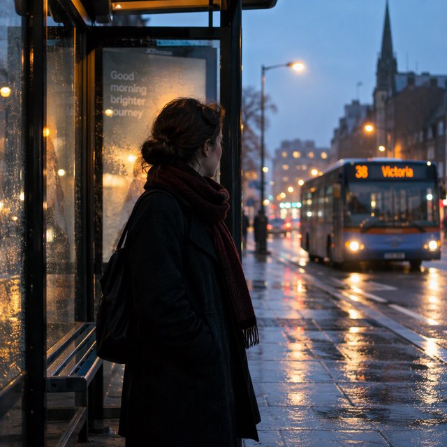 Candid documentary photograph of an adult waiting beside a city bus shelter at dawn, sodium streetlights fading into cool blue daylight, 50mm lens with shallow depth of field, fine rain droplets clinging to the shelter glass. — GPT Image 2.5 Sunburst