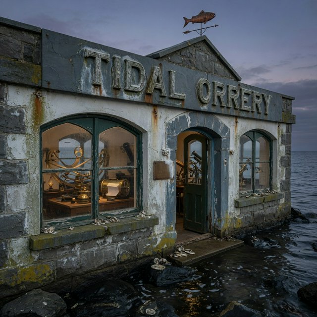 A weathered coastal observatory overlooks dark water, its brass instruments visible through arched windows; "TIDAL ORRERY" is carved into a slate lintel above the entrance, salt spray softening the deep engraved grooves. — Grok Imagine Image Quality