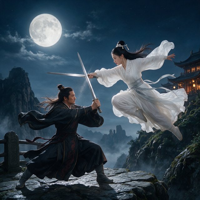 Frontal cinematic shot of two adult martial artists dueling on a cliff at night in ancient China: a female swordswoman in flowing white hanfu is airborne in a dynamic combat pose, thrusting her sword forward, while a male swordsman in traditional Taoist robes firmly parries her attack with his own blade. Moonlit night, wind sweeping their garments and hair, dramatic cliffside setting, tense face-off, elegant wuxia atmosphere, vivid motion, visually striking. — Seedream 5.0 Pro