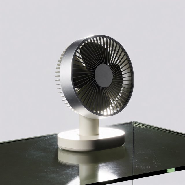 Commercial product photograph of an unbranded desktop fan made from brushed aluminum and matte ivory polymer, resting on a smoked glass surface against a pale gray background, illuminated by broad diffused studio light and a soft rear rim light. — Krea 2 Medium