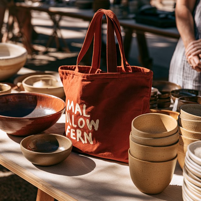 Sunlight pools over a pottery market table, where a rust-red canvas tote rests beside glazed bowls; "MALLOW FERN" is hand-painted in chunky white letters on its front, with no other legible writing. — Model 13