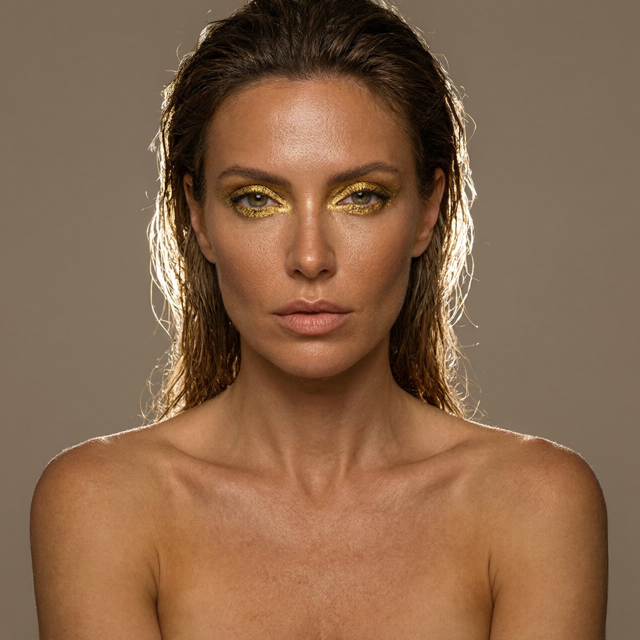 Beauty close-up of an adult woman with bronzed skin and gold eye makeup, bare shoulders, studio backlight halo, high-end campaign look. — Qwen Image 3.0 Pro