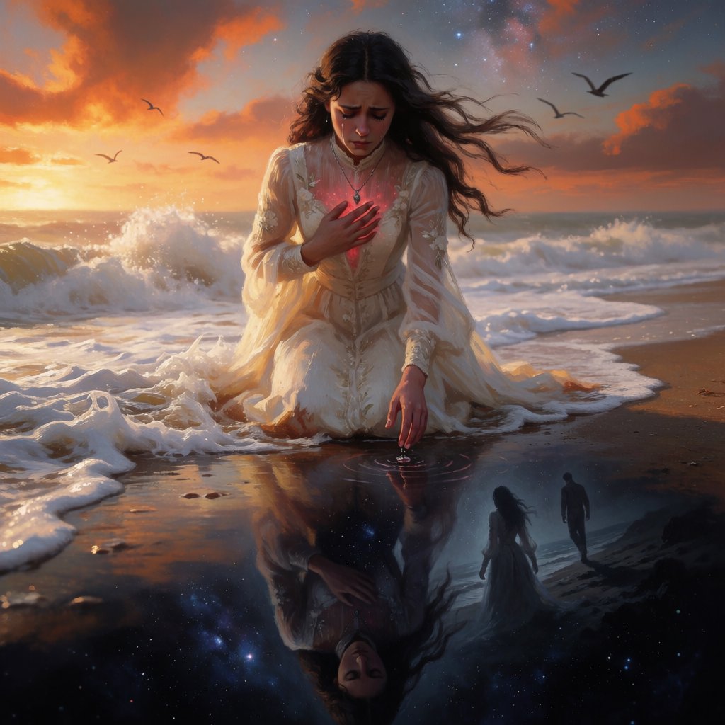 Cinematic, photorealistic artwork of a sorrowful young woman in a flowing ivory lace dress kneels in shallow surf at the waterline during sunset. Her long, windblown dark hair frames her downcast face; a tear flows down her cheek and into the water, one hand presses against her chest, glowing faintly crimson to suggest her still-beating heart, while her other fingertips touch the water. The world behind her remains beautiful: a golden sun shines over restless waves, seabirds cross the sky, and fiery peach clouds fade into star-filled indigo. In the wet sand, her reflection becomes a dark cosmic void. Stars ripple around a fading, ghostlike image of her partner deserting her and dissolving into darkness. The tear forms concentric ripples, disturbing an entire universe. Contrast warm golden life above with cool blue-black devastation below. Natural cinematic lighting, detailed water reflections, realistic anatomy, restrained grief. No text, borders, or collage. — Krea 2 Medium